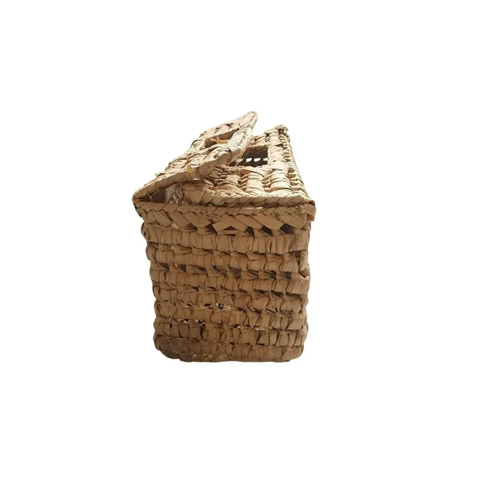 Handwoven Natural Straw Rectangular Basket With Lid For Storage Or Decor